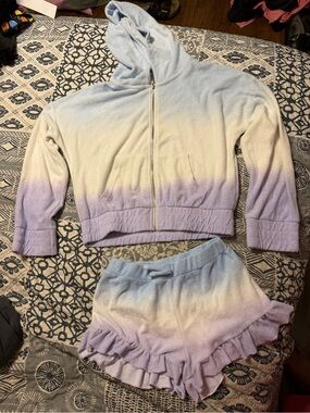 Tween- Tie-Dye Pastel Hoodie & Ruffle Shorts Set - Lavender, Cream, Blue